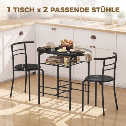 3-Piece Dining Set — 31.5" Kitchen Table with Two Chairs and Shelf, Ideal for Small Spaces, Apartment, Living/Dining Room, Black Marble Finish