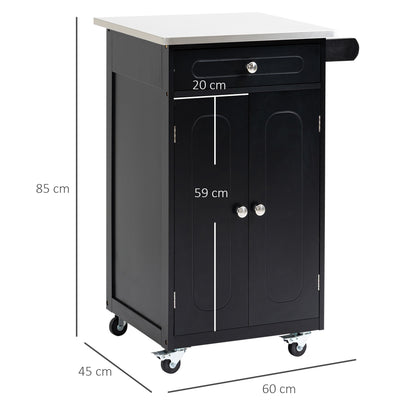 Serving Trolley Kitchen Trolley with Wheels and Multiple Storage Options 1 Drawer Cabinet 2 Doors with Shelf Dishcloth Holder MDF Black Stainless Steel