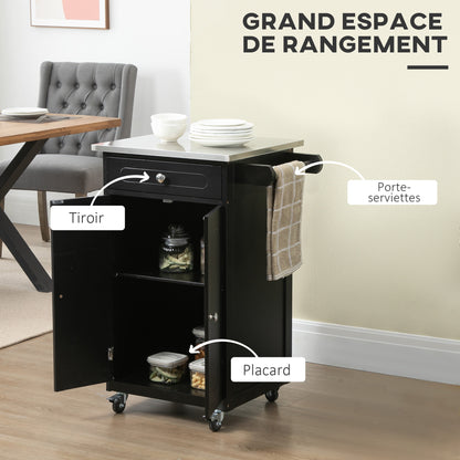 Serving Trolley Kitchen Trolley with Wheels and Multiple Storage Options 1 Drawer Cabinet 2 Doors with Shelf Dishcloth Holder MDF Black Stainless Steel