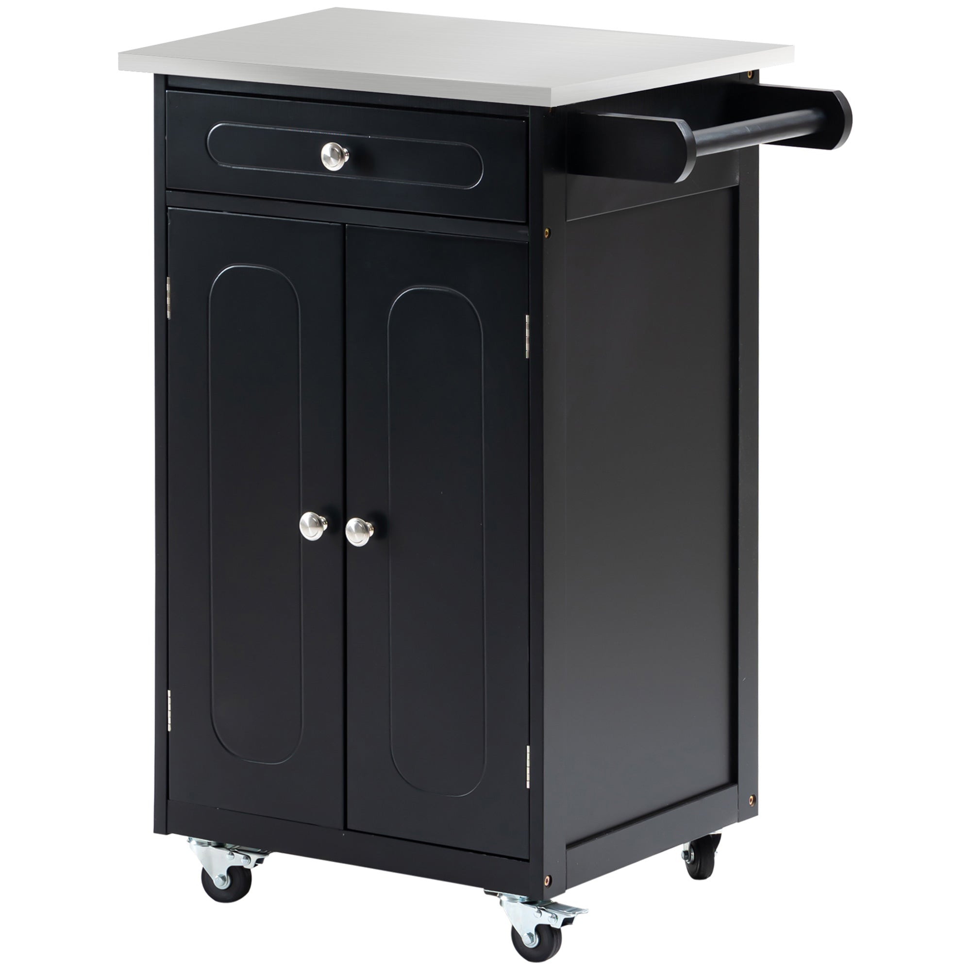 Serving Trolley Kitchen Trolley with Wheels and Multiple Storage Options 1 Drawer Cabinet 2 Doors with Shelf Dishcloth Holder MDF Black Stainless Steel