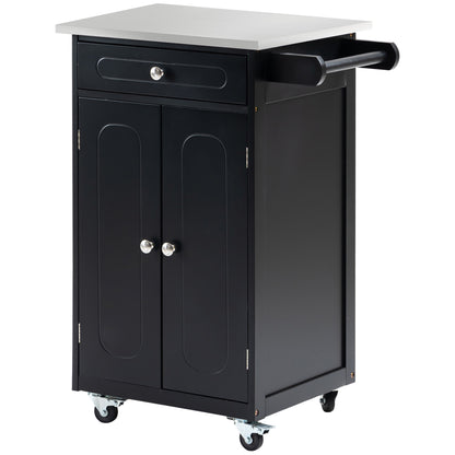 Serving Trolley Kitchen Trolley with Wheels and Multiple Storage Options 1 Drawer Cabinet 2 Doors with Shelf Dishcloth Holder MDF Black Stainless Steel