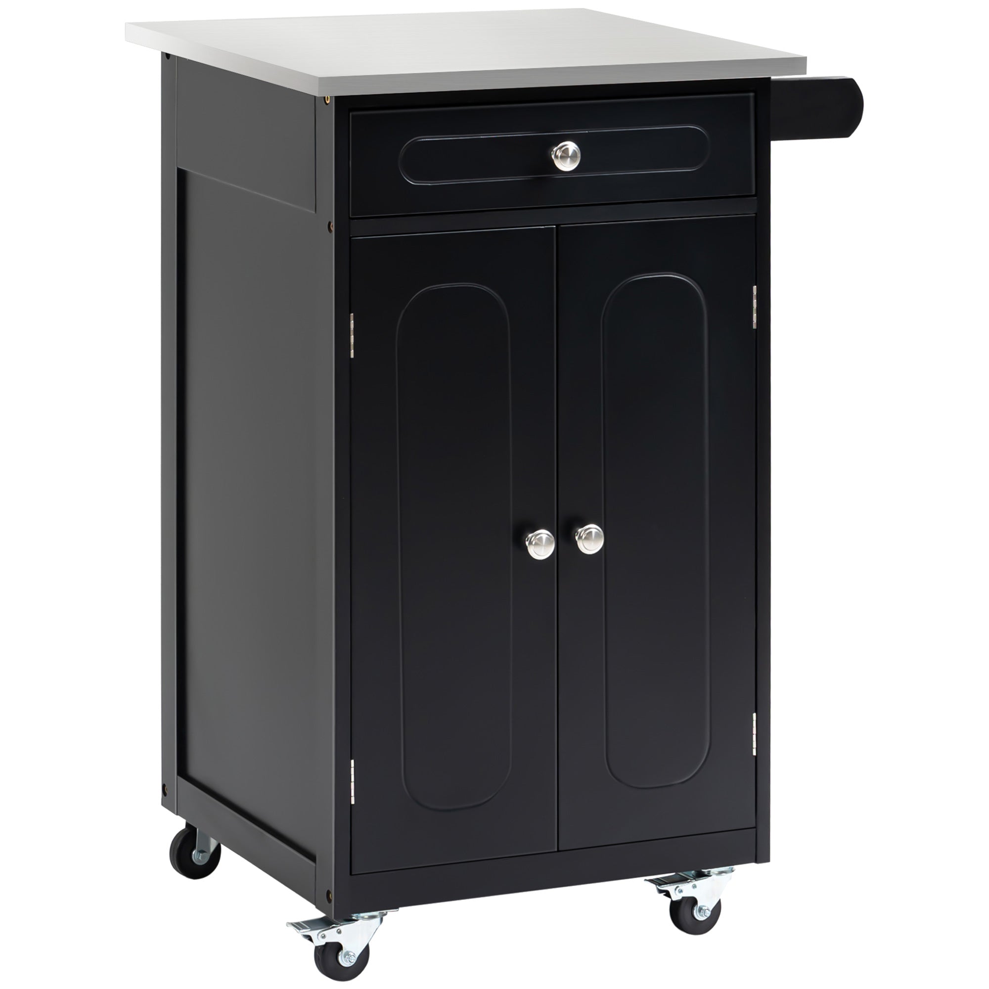 Serving Trolley Kitchen Trolley with Wheels and Multiple Storage Options 1 Drawer Cabinet 2 Doors with Shelf Dishcloth Holder MDF Black Stainless Steel