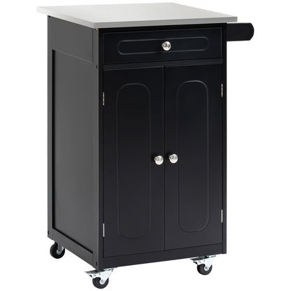 Serving Trolley Kitchen Trolley with Wheels and Multiple Storage Options 1 Drawer Cabinet 2 Doors with Shelf Dishcloth Holder MDF Black Stainless Steel