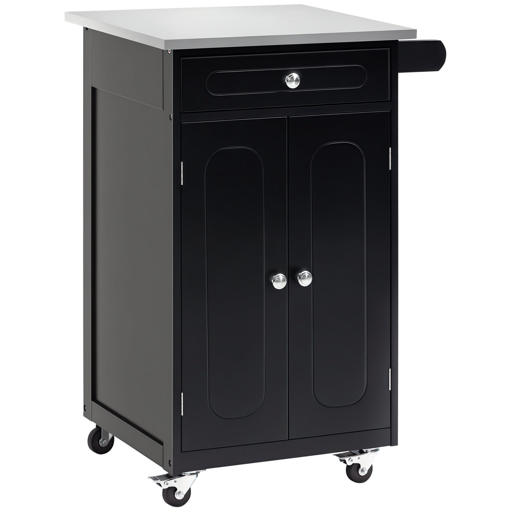 Serving Trolley Kitchen Trolley with Wheels and Multiple Storage Options 1 Drawer Cabinet 2 Doors with Shelf Dishcloth Holder MDF Black Stainless Steel