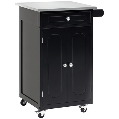 Serving Trolley Kitchen Trolley with Wheels and Multiple Storage Options 1 Drawer Cabinet 2 Doors with Shelf Dishcloth Holder MDF Black Stainless Steel