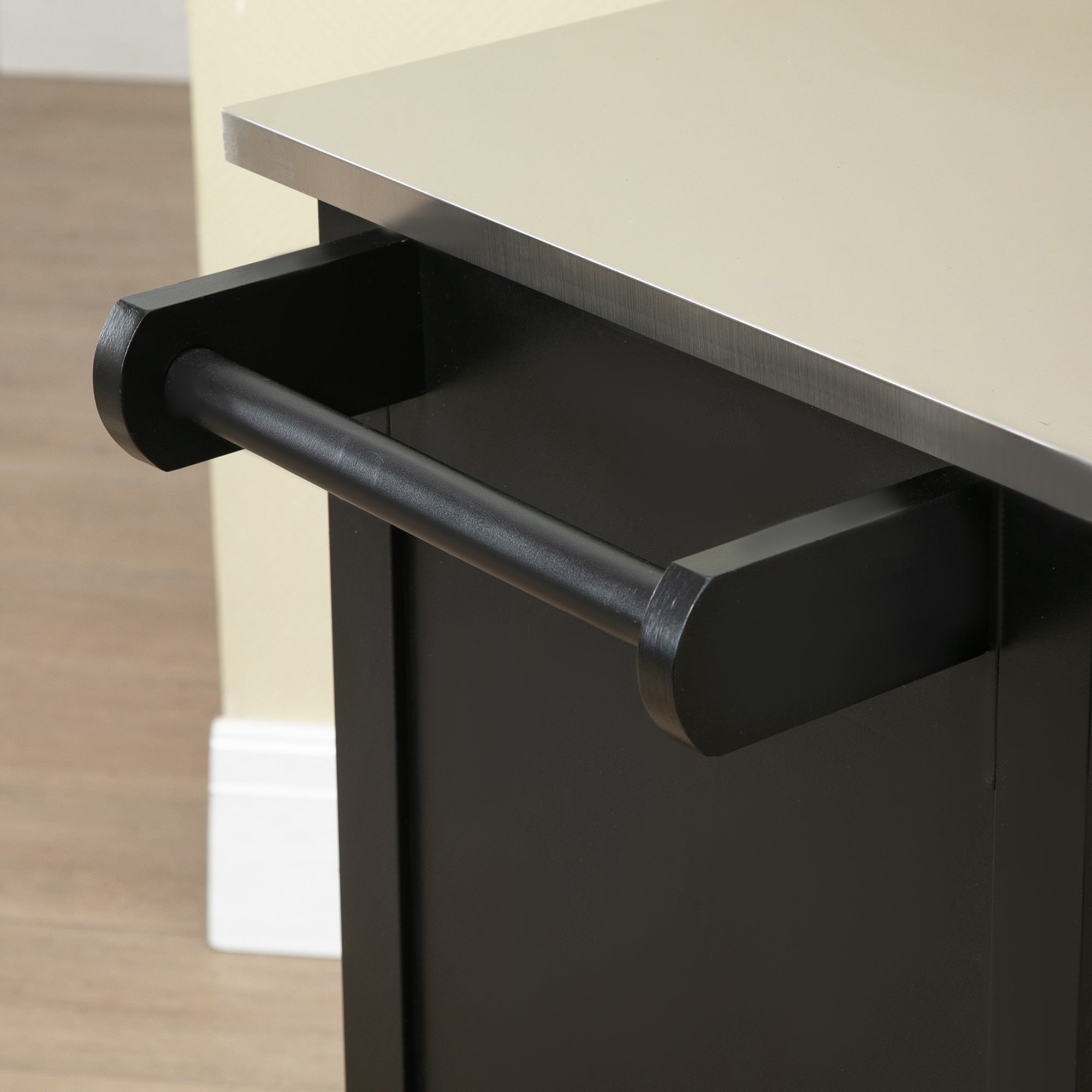 Serving Trolley Kitchen Trolley with Wheels and Multiple Storage Options 1 Drawer Cabinet 2 Doors with Shelf Dishcloth Holder MDF Black Stainless Steel