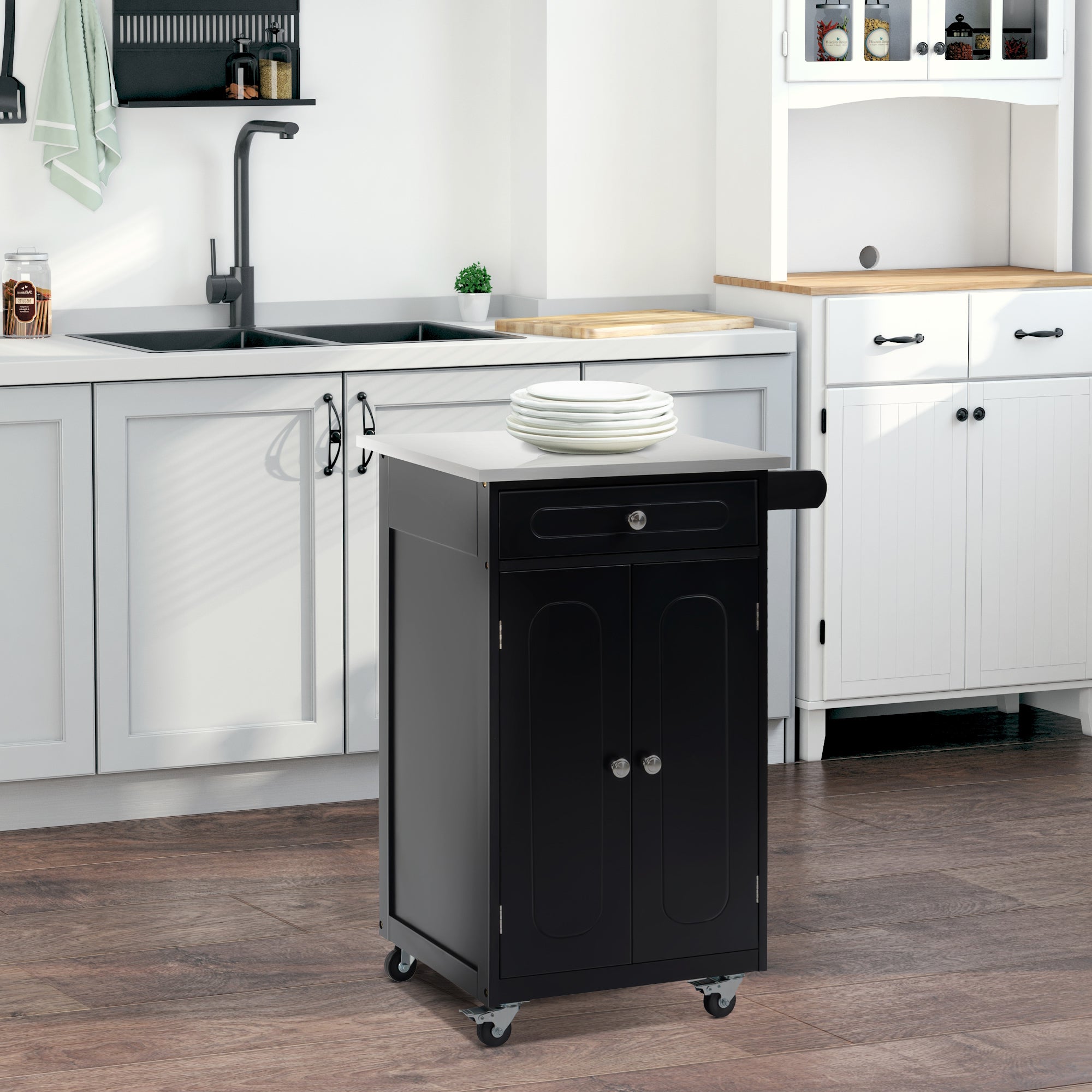Serving Trolley Kitchen Trolley with Wheels and Multiple Storage Options 1 Drawer Cabinet 2 Doors with Shelf Dishcloth Holder MDF Black Stainless Steel