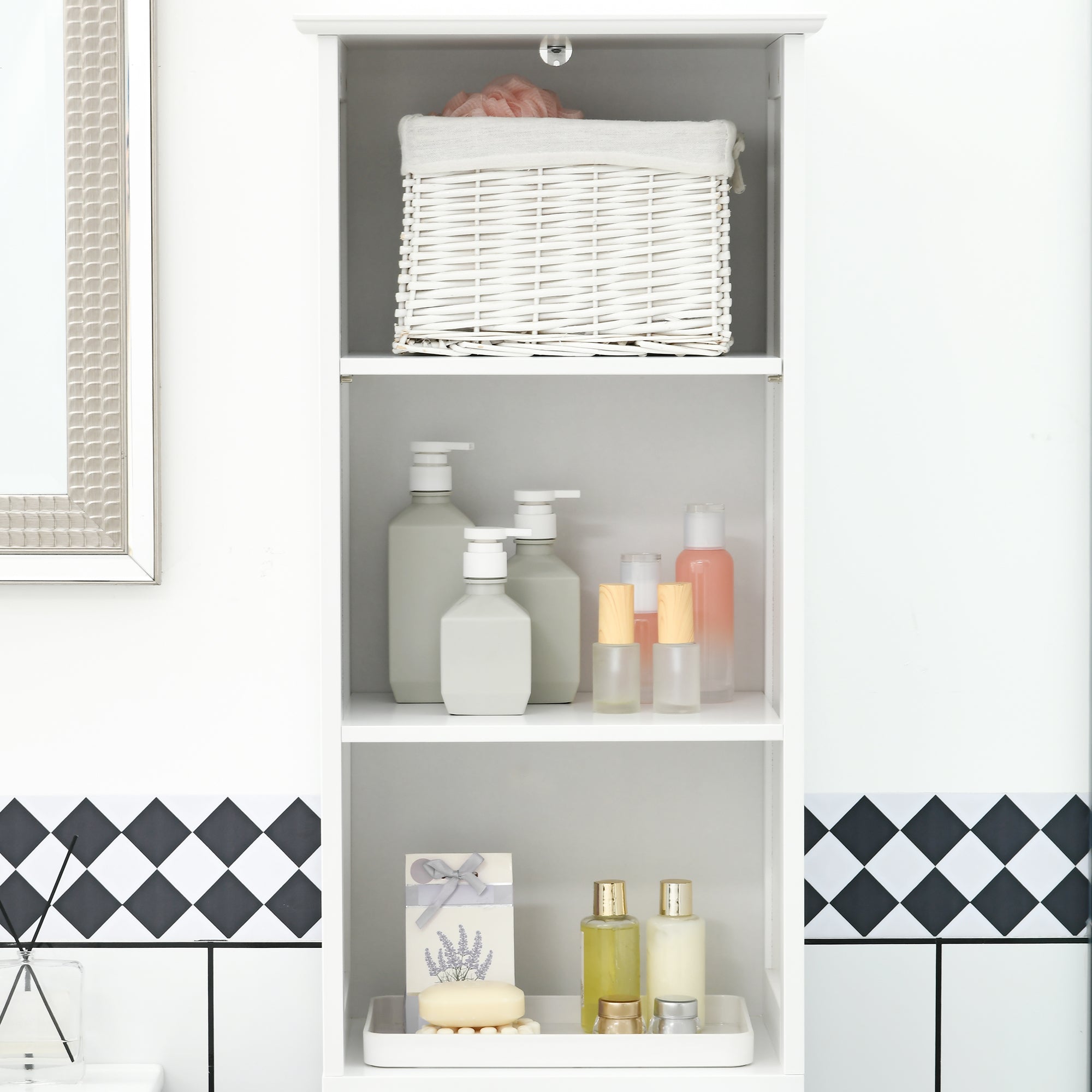 Slim Bathroom Storage Cabinet with 3 Open Compartments, Drawer, and Adjustable Shelf, Bathroom Cabinet for Small Spaces, 40 x 30 x 164 cm, White