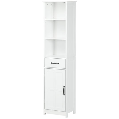 Slim Bathroom Storage Cabinet with 3 Open Compartments, Drawer, and Adjustable Shelf, Bathroom Cabinet for Small Spaces, 40 x 30 x 164 cm, White