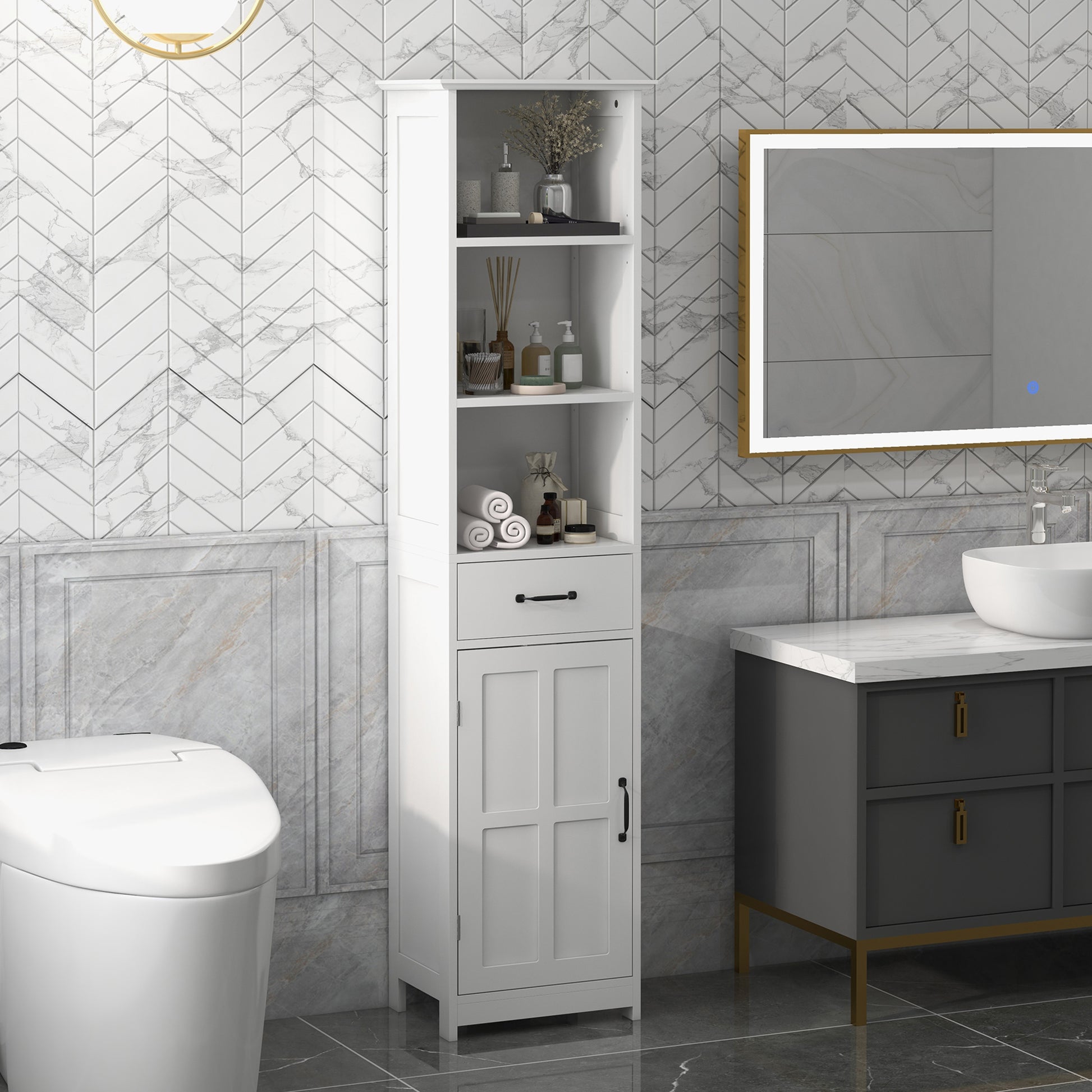 Slim Bathroom Storage Cabinet with 3 Open Compartments, Drawer, and Adjustable Shelf, Bathroom Cabinet for Small Spaces, 40 x 30 x 164 cm, White