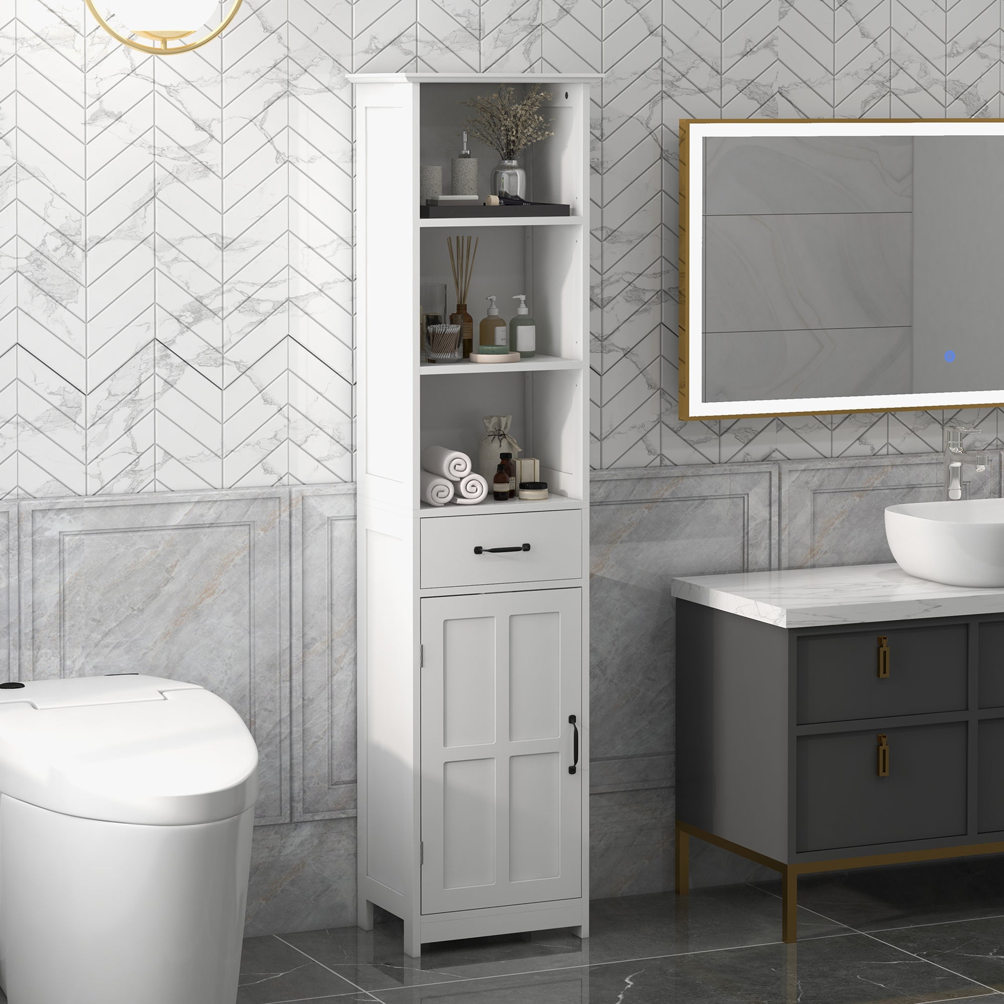 Slim Bathroom Storage Cabinet with 3 Open Compartments, Drawer, and Adjustable Shelf, Bathroom Cabinet for Small Spaces, 40 x 30 x 164 cm, White
