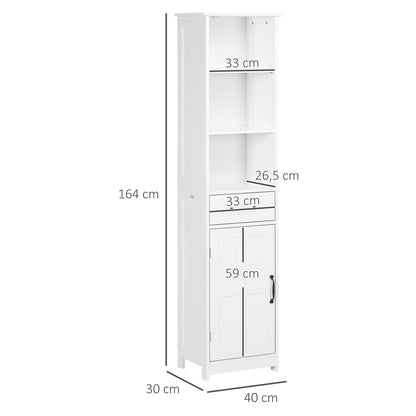 Slim Bathroom Storage Cabinet with 3 Open Compartments, Drawer, and Adjustable Shelf, Bathroom Cabinet for Small Spaces, 40 x 30 x 164 cm, White