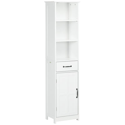 Slim Bathroom Storage Cabinet with 3 Open Compartments, Drawer, and Adjustable Shelf, Bathroom Cabinet for Small Spaces, 40 x 30 x 164 cm, White