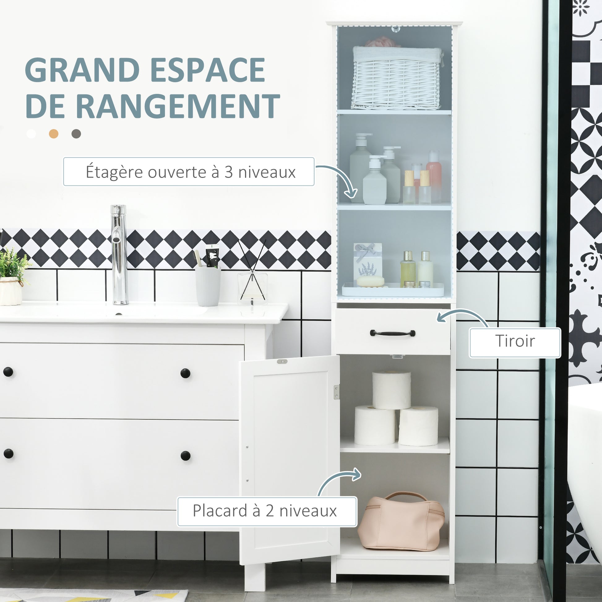 Slim Bathroom Storage Cabinet with 3 Open Compartments, Drawer, and Adjustable Shelf, Bathroom Cabinet for Small Spaces, 40 x 30 x 164 cm, White
