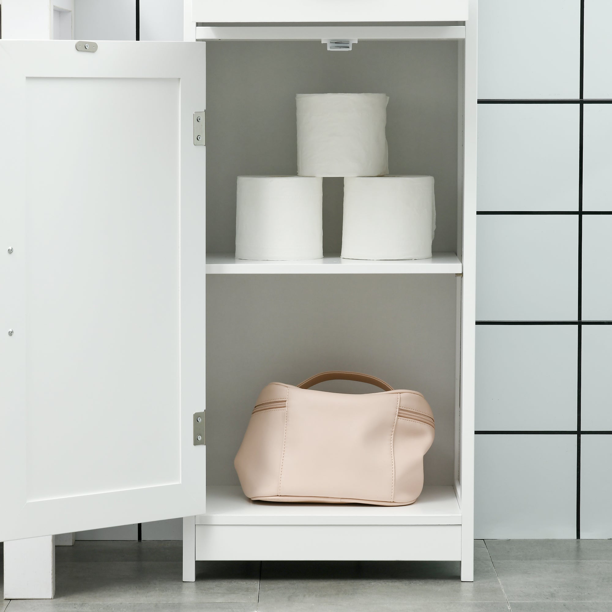Slim Bathroom Storage Cabinet with 3 Open Compartments, Drawer, and Adjustable Shelf, Bathroom Cabinet for Small Spaces, 40 x 30 x 164 cm, White