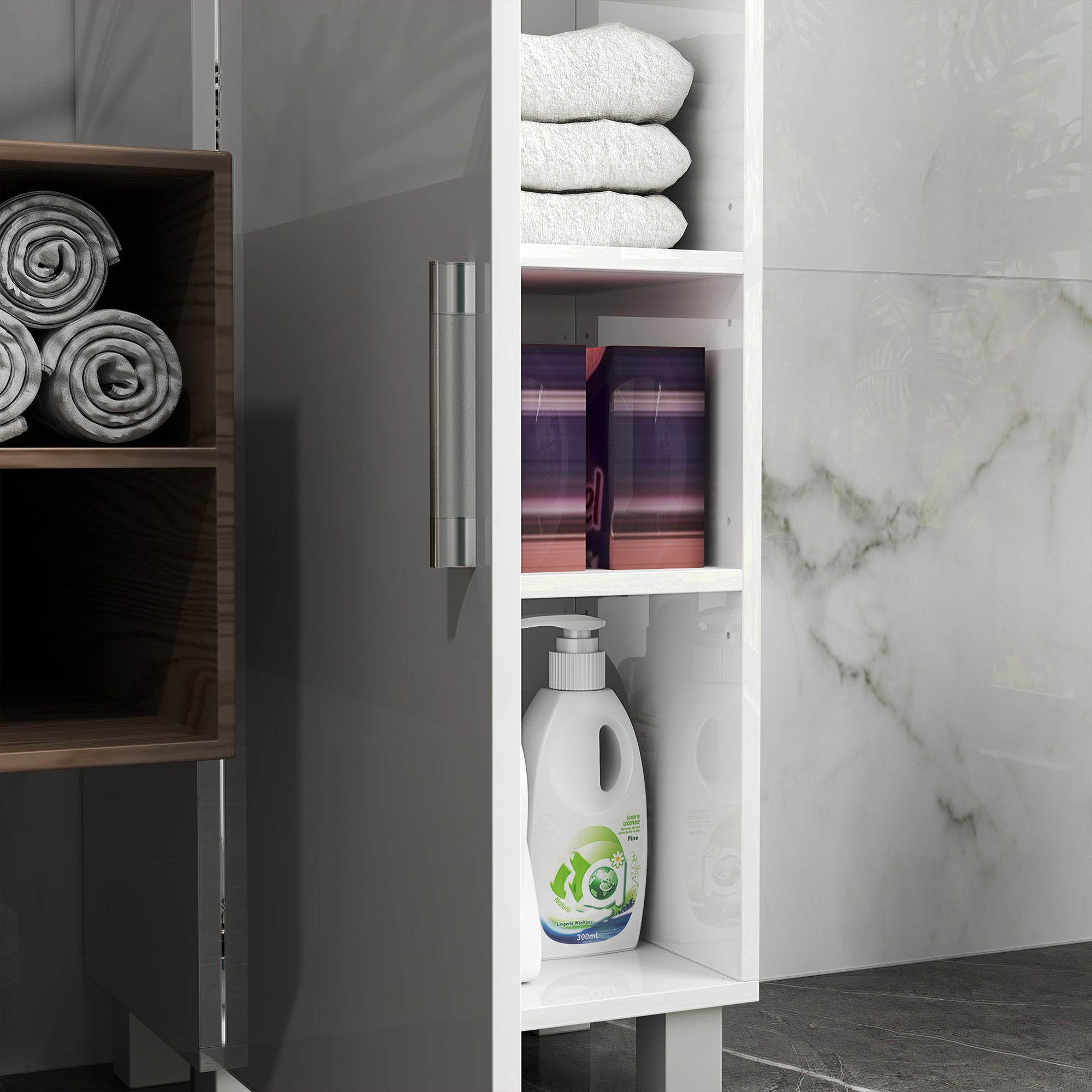 Modern Space-Saving Bathroom Column with Two Cabinets, Tall Bathroom Cabinet with Adjustable Shelves in White MDF Wood, 40x30x167.5 cm, Glossy White