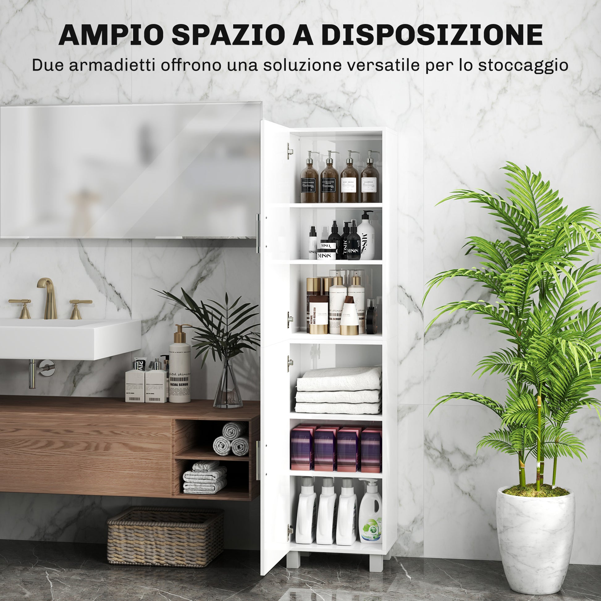 Modern Space-Saving Bathroom Column with Two Cabinets, Tall Bathroom Cabinet with Adjustable Shelves in White MDF Wood, 40x30x167.5 cm, Glossy White
