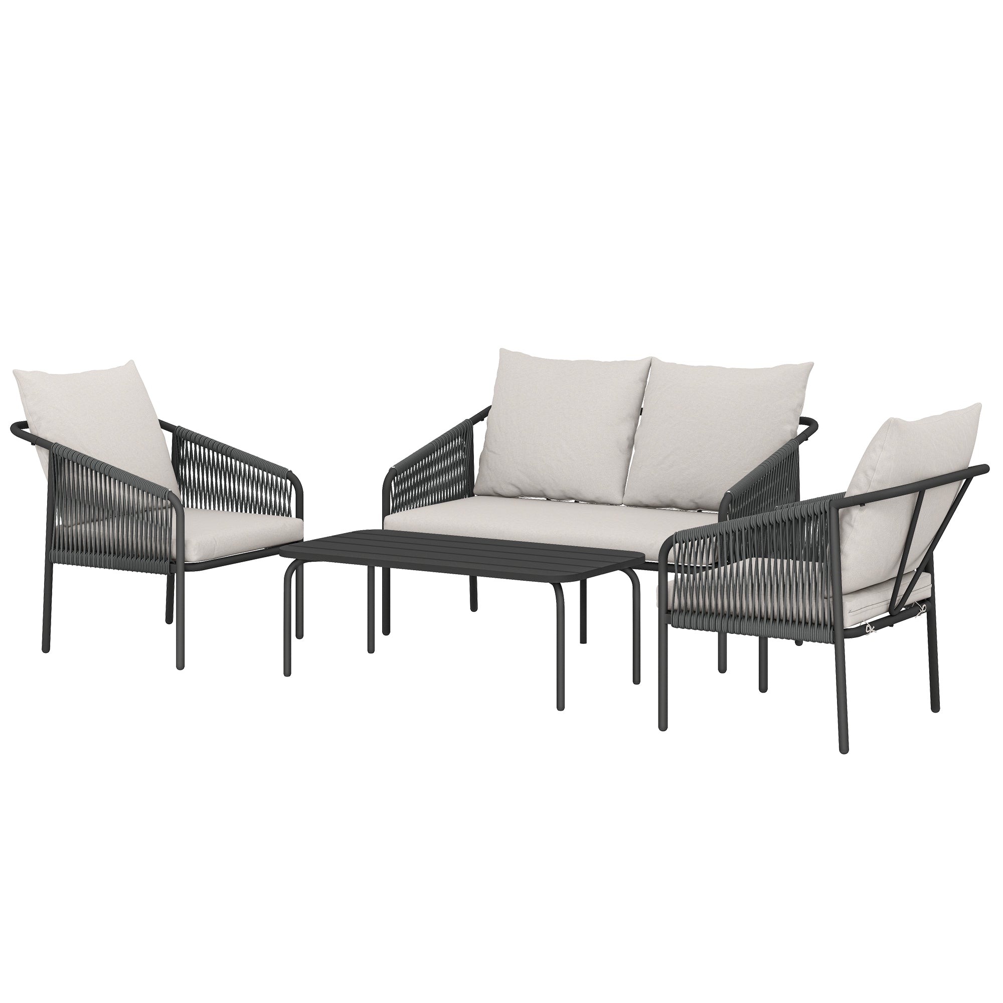 4-Piece Polyrattan Outdoor Lounge Set – 2-Seater Sofa, 2 Armchairs & Coffee Table with Removable Cushions, Steel Frame – Khaki