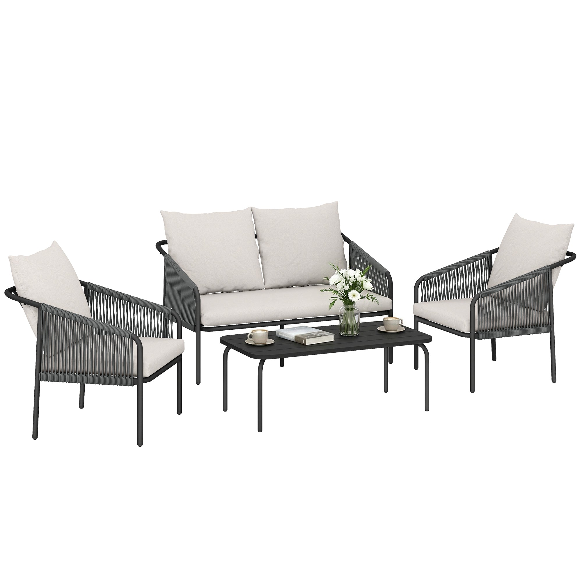 4-Piece Polyrattan Outdoor Lounge Set – 2-Seater Sofa, 2 Armchairs & Coffee Table with Removable Cushions, Steel Frame – Khaki