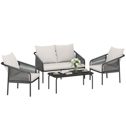 4-Piece Polyrattan Outdoor Lounge Set – 2-Seater Sofa, 2 Armchairs & Coffee Table with Removable Cushions, Steel Frame – Khaki