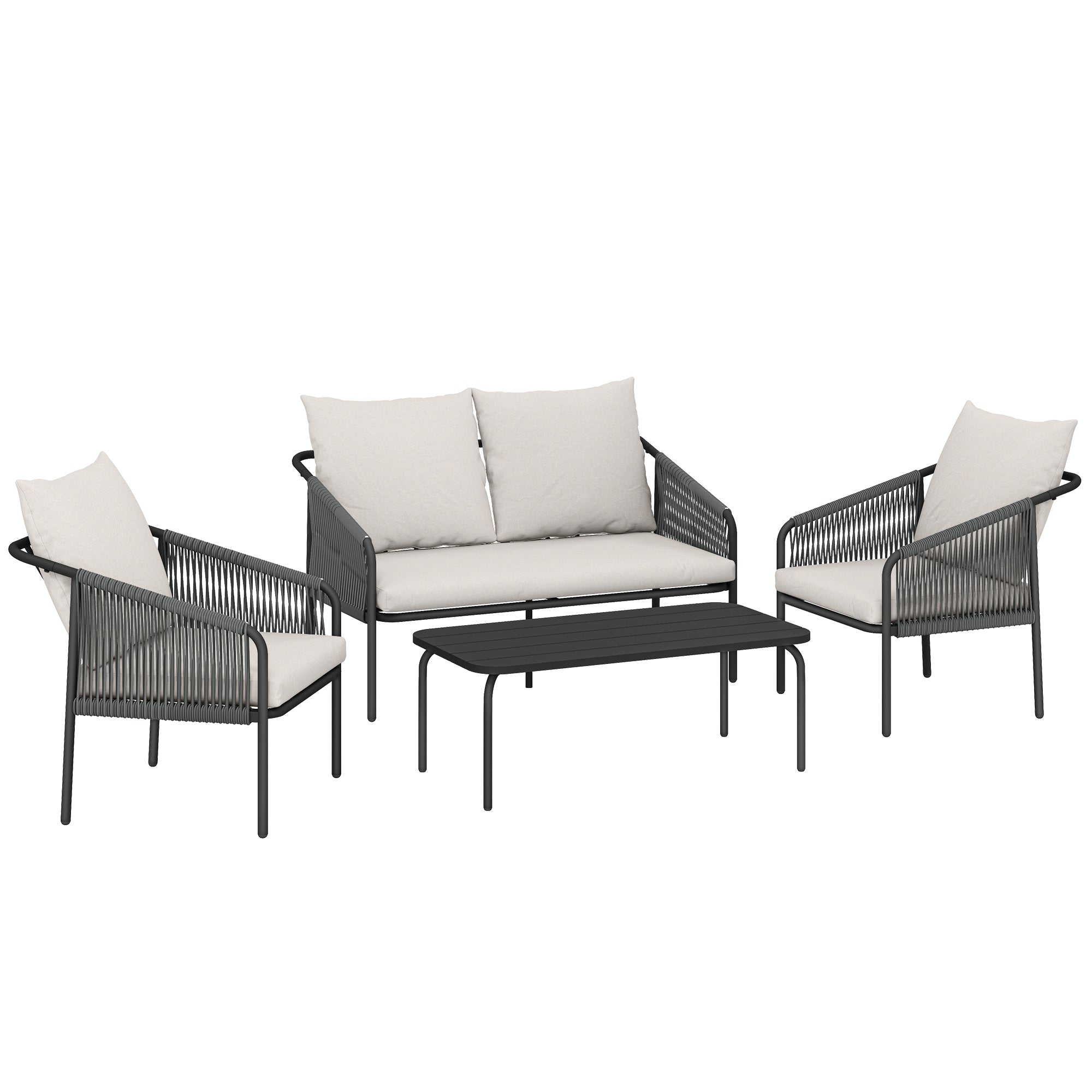4-Piece Polyrattan Outdoor Lounge Set – 2-Seater Sofa, 2 Armchairs & Coffee Table with Removable Cushions, Steel Frame – Khaki