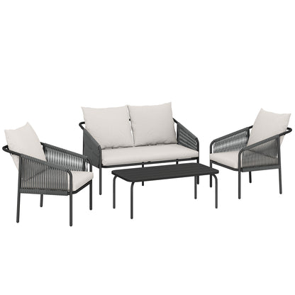 4-Piece Polyrattan Outdoor Lounge Set – 2-Seater Sofa, 2 Armchairs & Coffee Table with Removable Cushions, Steel Frame – Khaki