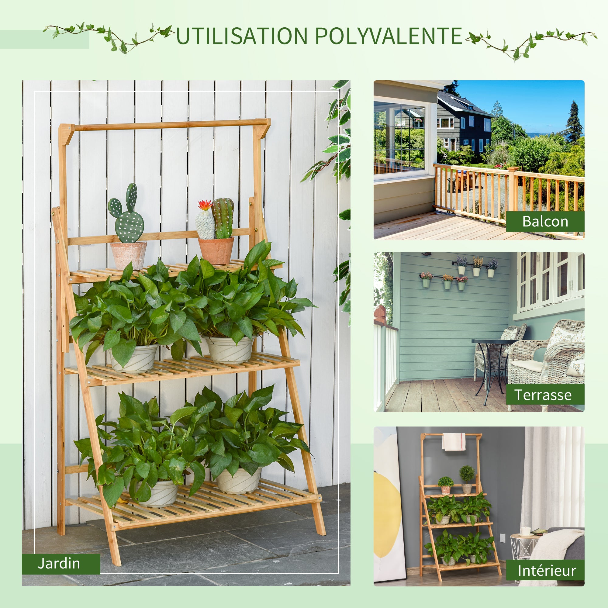 Flower Shelf Pot Holder Plant Stand in Bamboo Wood 3 Levels + Support Bar for Hanging Pots for Indoor Balcony Garden Terrace