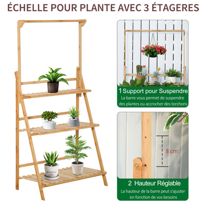 Flower Shelf Pot Holder Plant Stand in Bamboo Wood 3 Levels + Support Bar for Hanging Pots for Indoor Balcony Garden Terrace