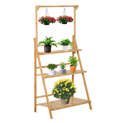 Flower Shelf Pot Holder Plant Stand in Bamboo Wood 3 Levels + Support Bar for Hanging Pots for Indoor Balcony Garden Terrace