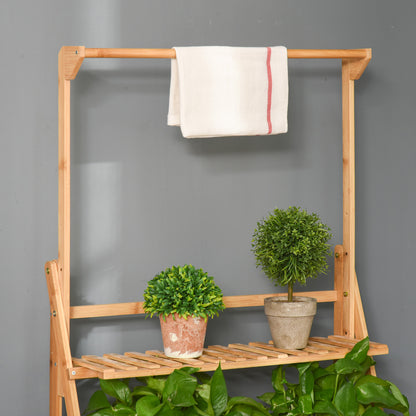 Flower Shelf Pot Holder Plant Stand in Bamboo Wood 3 Levels + Support Bar for Hanging Pots for Indoor Balcony Garden Terrace