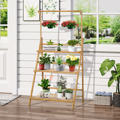 Flower Shelf Pot Holder Plant Stand in Bamboo Wood 3 Levels + Support Bar for Hanging Pots for Indoor Balcony Garden Terrace