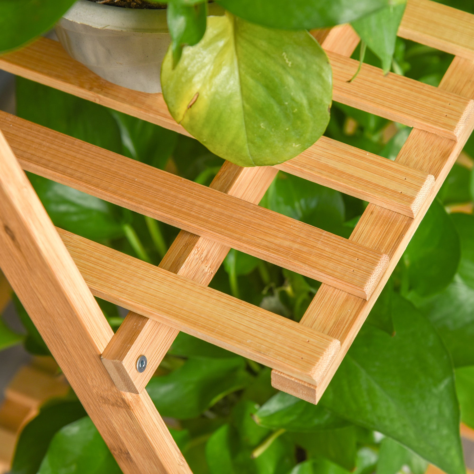 Flower Shelf Pot Holder Plant Stand in Bamboo Wood 3 Levels + Support Bar for Hanging Pots for Indoor Balcony Garden Terrace