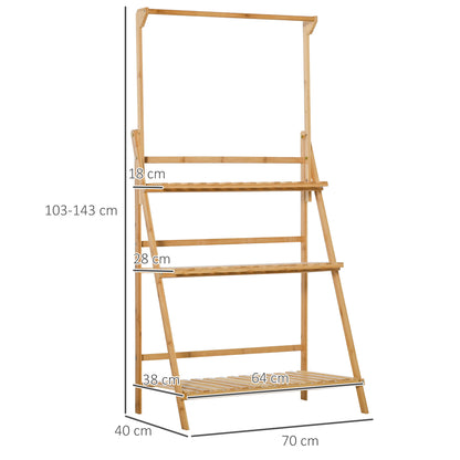 Flower Shelf Pot Holder Plant Stand in Bamboo Wood 3 Levels + Support Bar for Hanging Pots for Indoor Balcony Garden Terrace