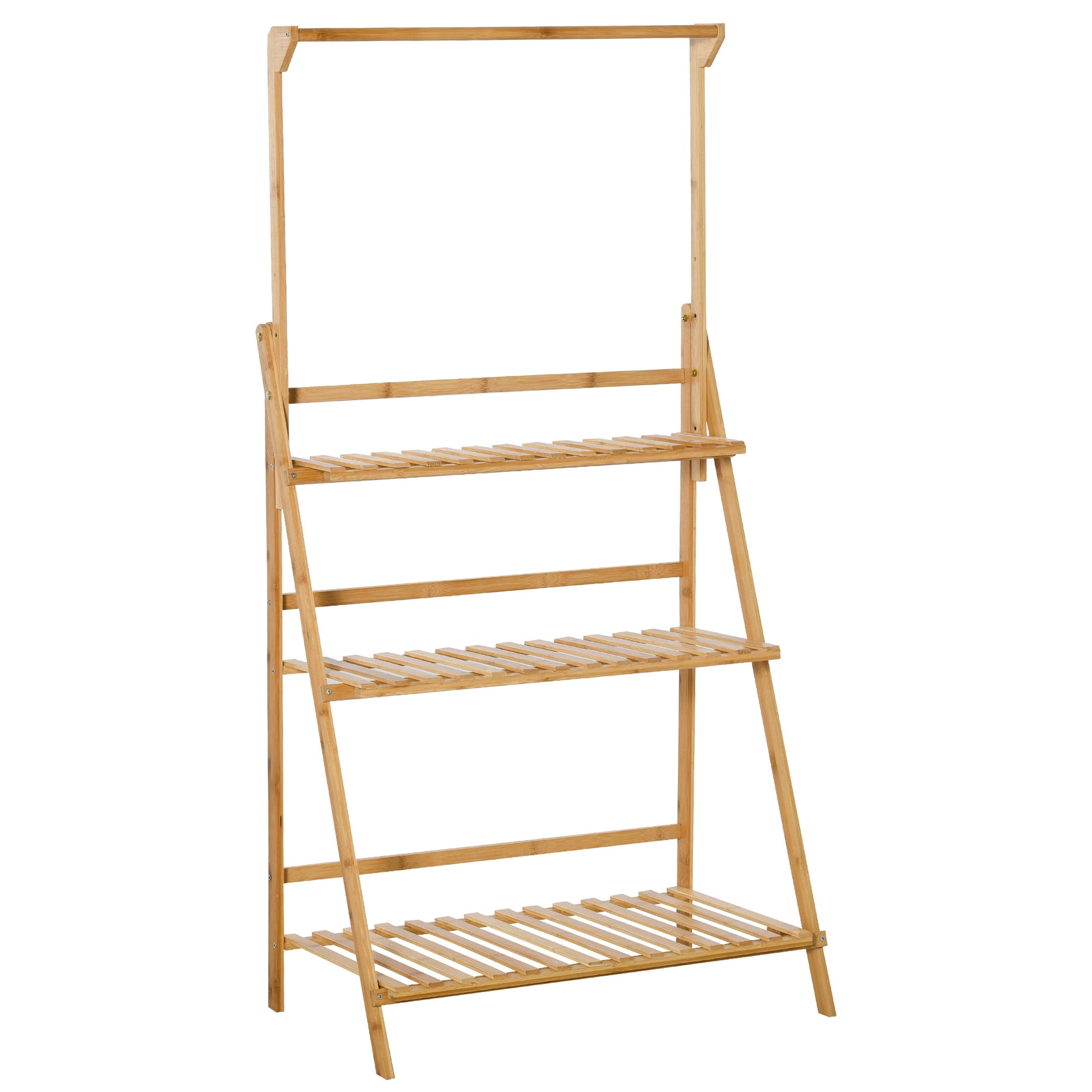 Flower Shelf Pot Holder Plant Stand in Bamboo Wood 3 Levels + Support Bar for Hanging Pots for Indoor Balcony Garden Terrace