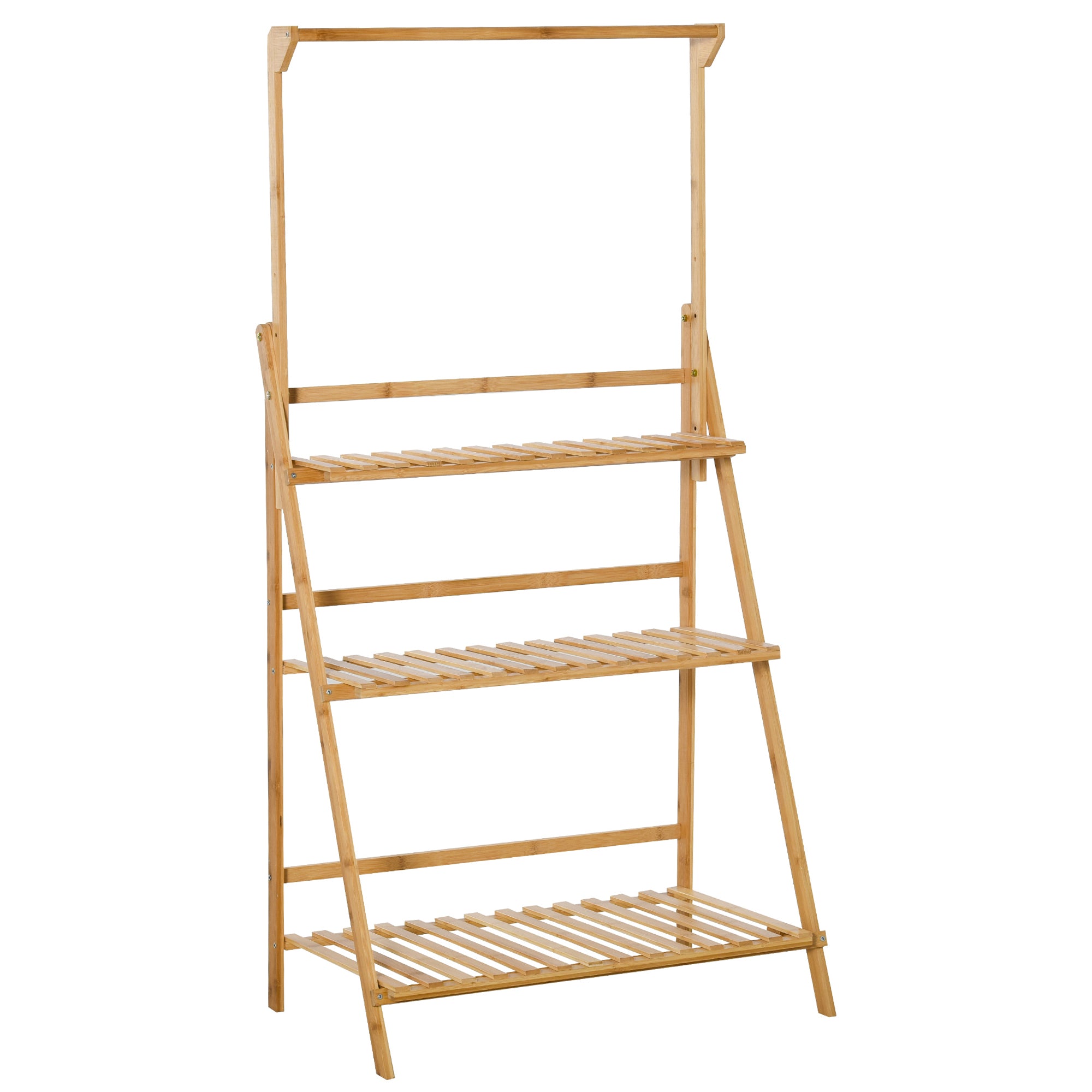 Flower Shelf Pot Holder Plant Stand in Bamboo Wood 3 Levels + Support Bar for Hanging Pots for Indoor Balcony Garden Terrace