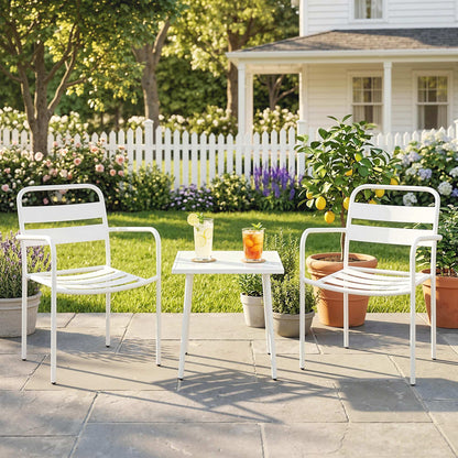 3-Piece Outdoor Garden Bistro Set – Galvanized Steel with 2 Chairs & Tempered Glass Table, Weather-Resistant, White