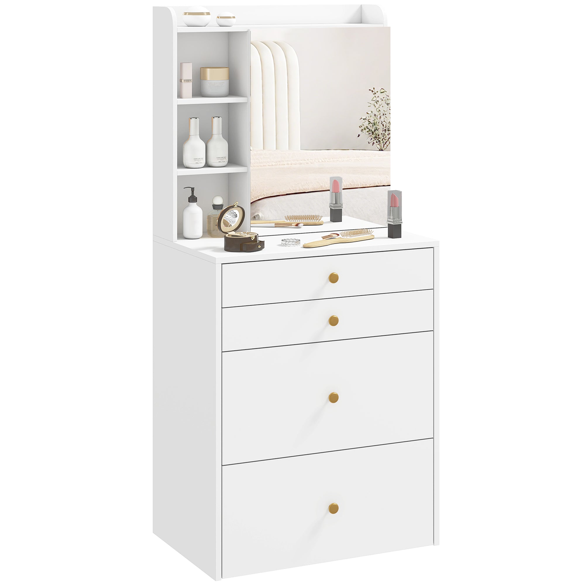 Makeup Vanity with Mirror and Rolling Storage Stool, Cabinet, Drawers, Open Shelves, Linen-Effect Padded Stool, Space-Saving, Modern, White