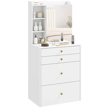 Makeup Vanity with Mirror and Rolling Storage Stool, Cabinet, Drawers, Open Shelves, Linen-Effect Padded Stool, Space-Saving, Modern, White