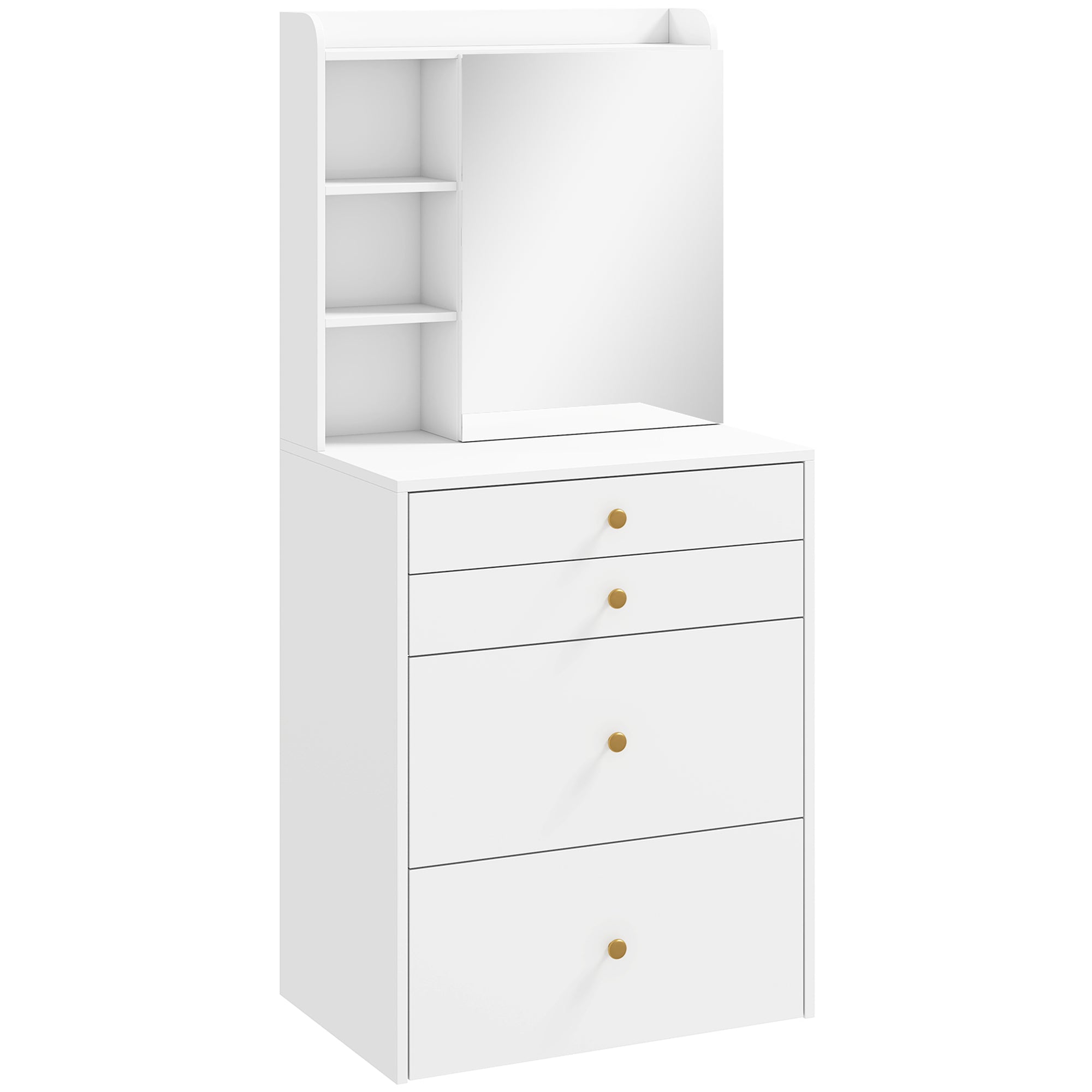 Makeup Vanity with Mirror and Rolling Storage Stool, Cabinet, Drawers, Open Shelves, Linen-Effect Padded Stool, Space-Saving, Modern, White