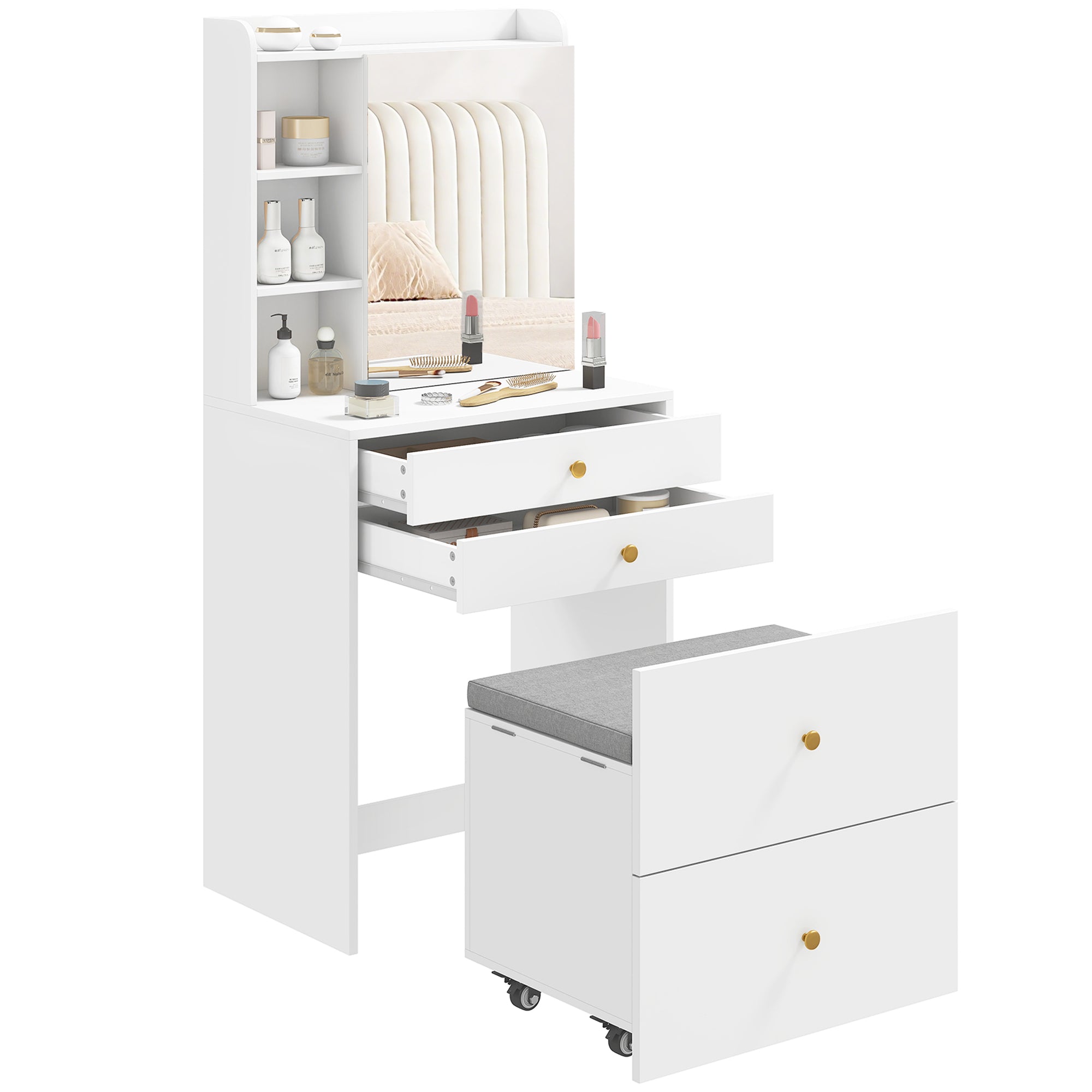 Makeup Vanity with Mirror and Rolling Storage Stool, Cabinet, Drawers, Open Shelves, Linen-Effect Padded Stool, Space-Saving, Modern, White
