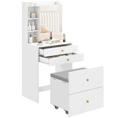 Makeup Vanity with Mirror and Rolling Storage Stool, Cabinet, Drawers, Open Shelves, Linen-Effect Padded Stool, Space-Saving, Modern, White