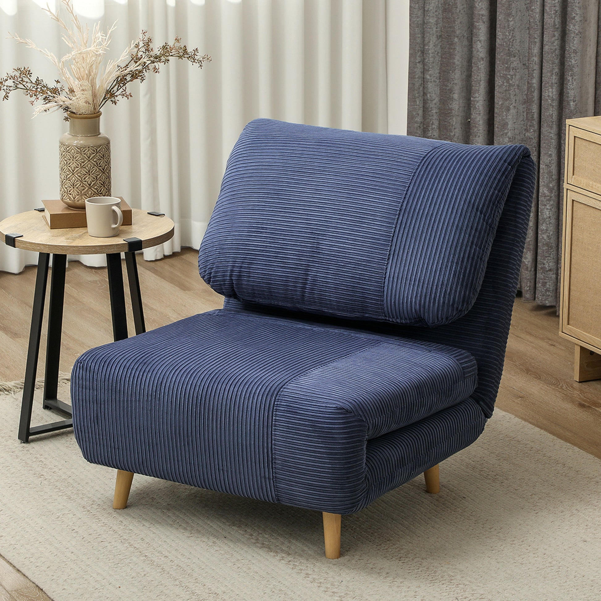 2-in-1 Sleeper Sofa Sleeper Chair Adjustable Folding Mattress Guest Bed in Corduroy Look, for Bedroom, Living Room Blue 82 x 89 x 83 cm