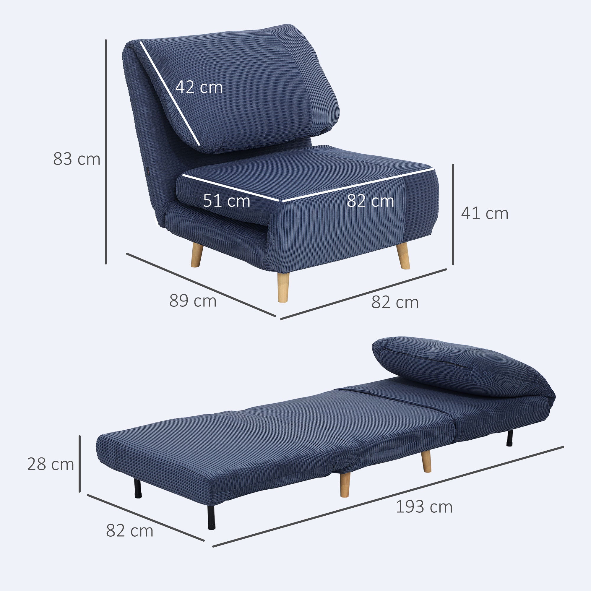 2-in-1 Sleeper Sofa Sleeper Chair Adjustable Folding Mattress Guest Bed in Corduroy Look, for Bedroom, Living Room Blue 82 x 89 x 83 cm