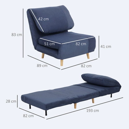 2-in-1 Sleeper Sofa Sleeper Chair Adjustable Folding Mattress Guest Bed in Corduroy Look, for Bedroom, Living Room Blue 82 x 89 x 83 cm