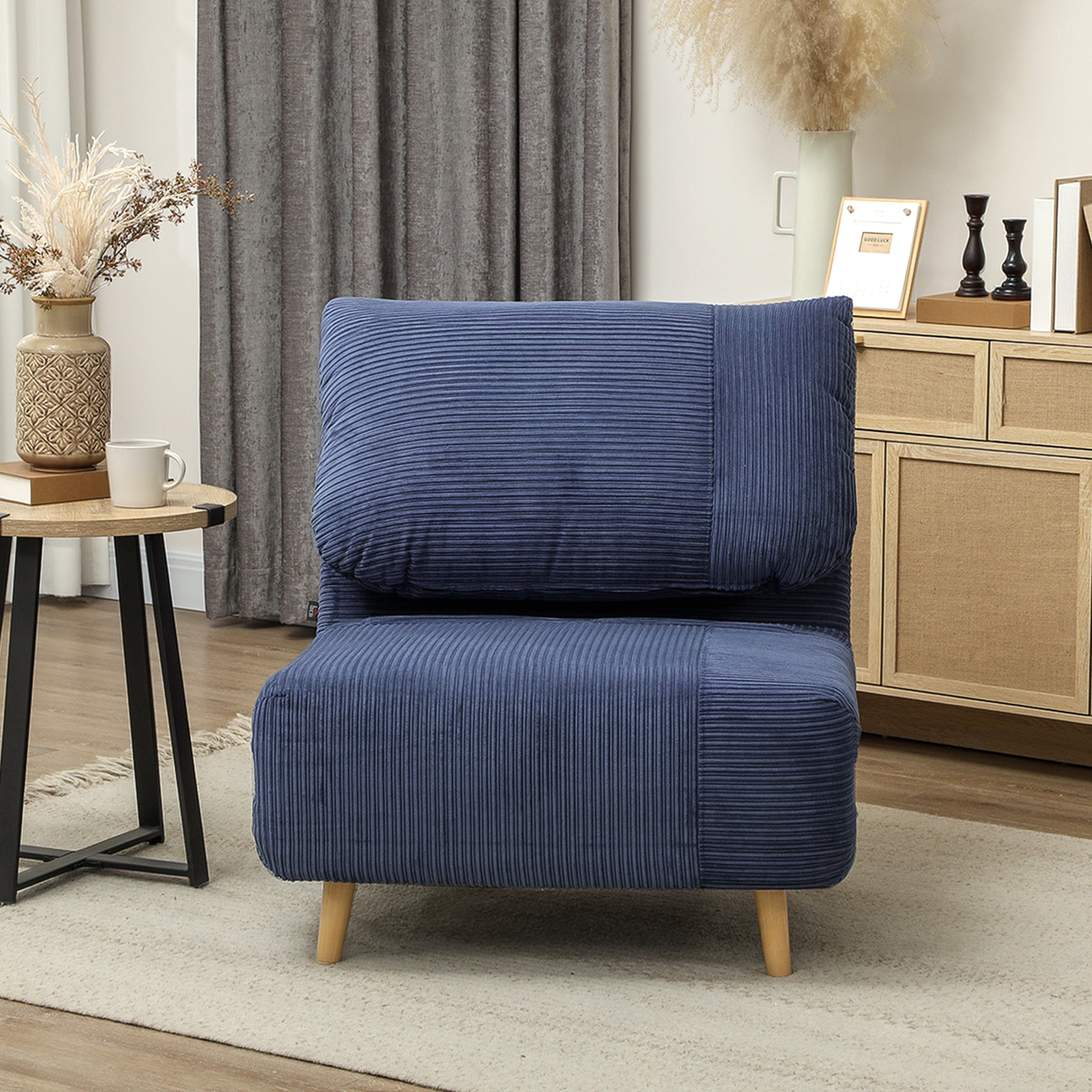 2-in-1 Sleeper Sofa Sleeper Chair Adjustable Folding Mattress Guest Bed in Corduroy Look, for Bedroom, Living Room Blue 82 x 89 x 83 cm