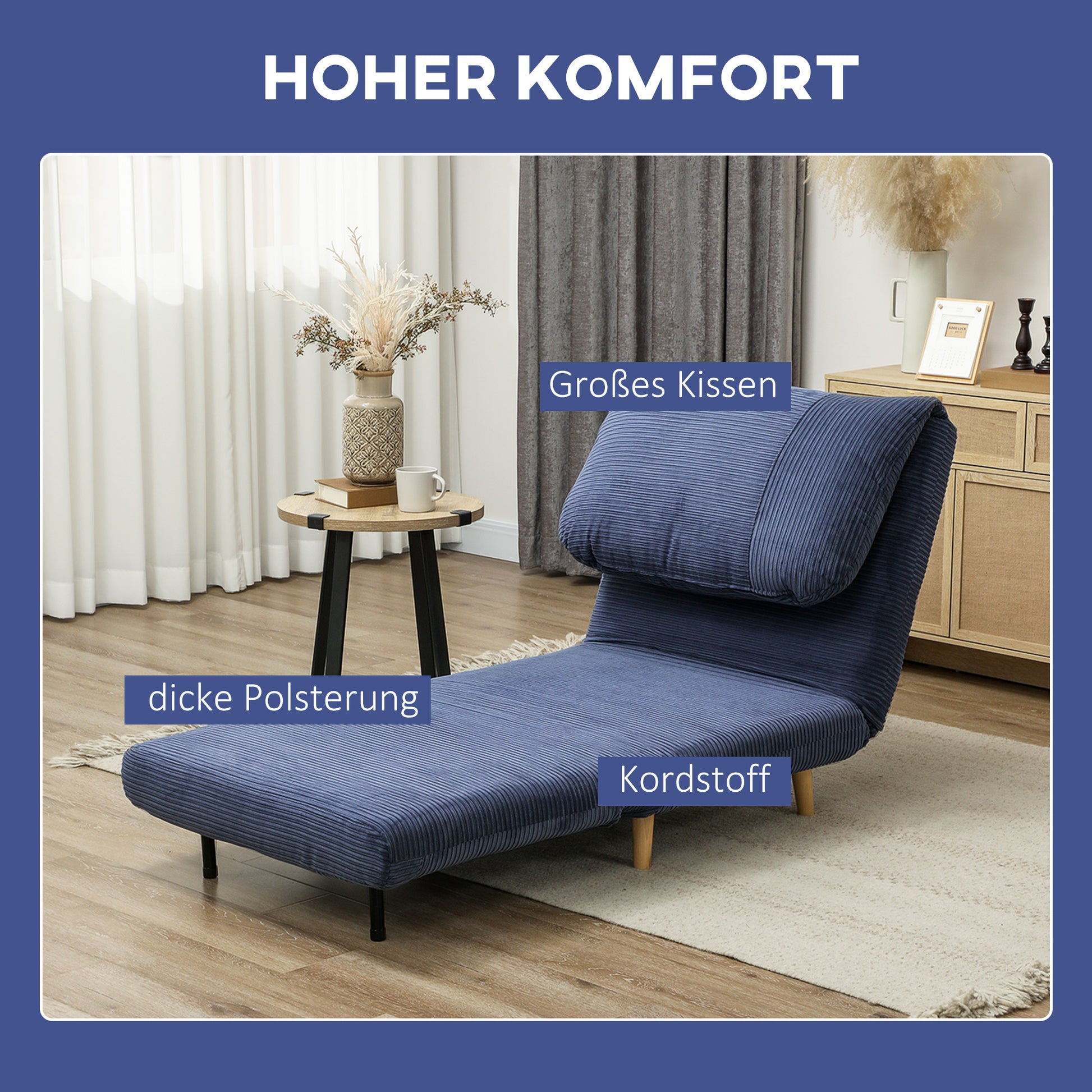 2-in-1 Sleeper Sofa Sleeper Chair Adjustable Folding Mattress Guest Bed in Corduroy Look, for Bedroom, Living Room Blue 82 x 89 x 83 cm