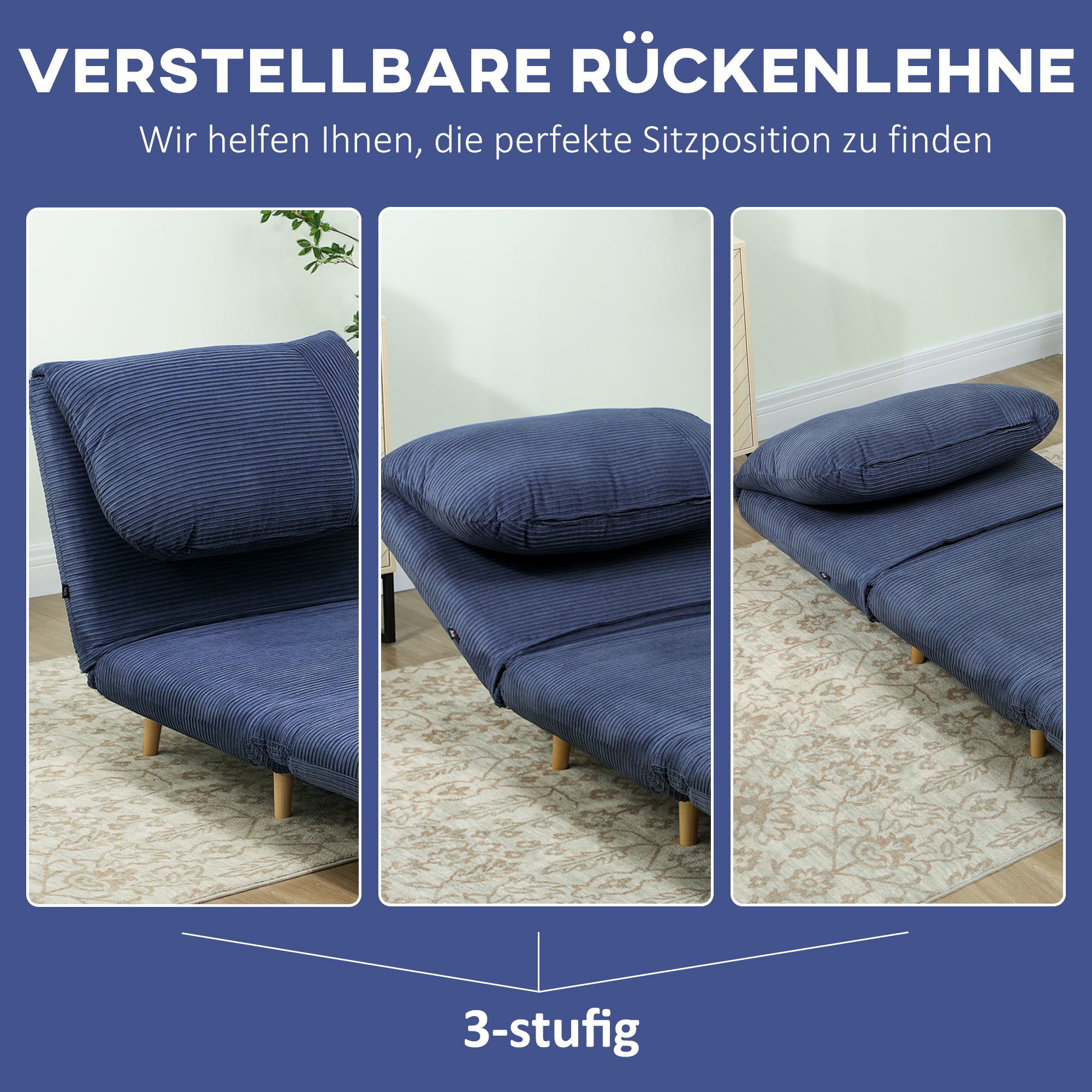 2-in-1 Sleeper Sofa Sleeper Chair Adjustable Folding Mattress Guest Bed in Corduroy Look, for Bedroom, Living Room Blue 82 x 89 x 83 cm