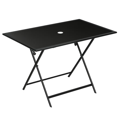Foldable Garden Dining Table for 6 People, with Tempered Glass Top, Rectangular Outdoor Table with Umbrella Hole for Garden, Patio, Terrace, 110 x 70 x 70 cm, Black
