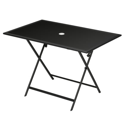 Foldable Garden Dining Table for 6 People, with Tempered Glass Top, Rectangular Outdoor Table with Umbrella Hole for Garden, Patio, Terrace, 110 x 70 x 70 cm, Black