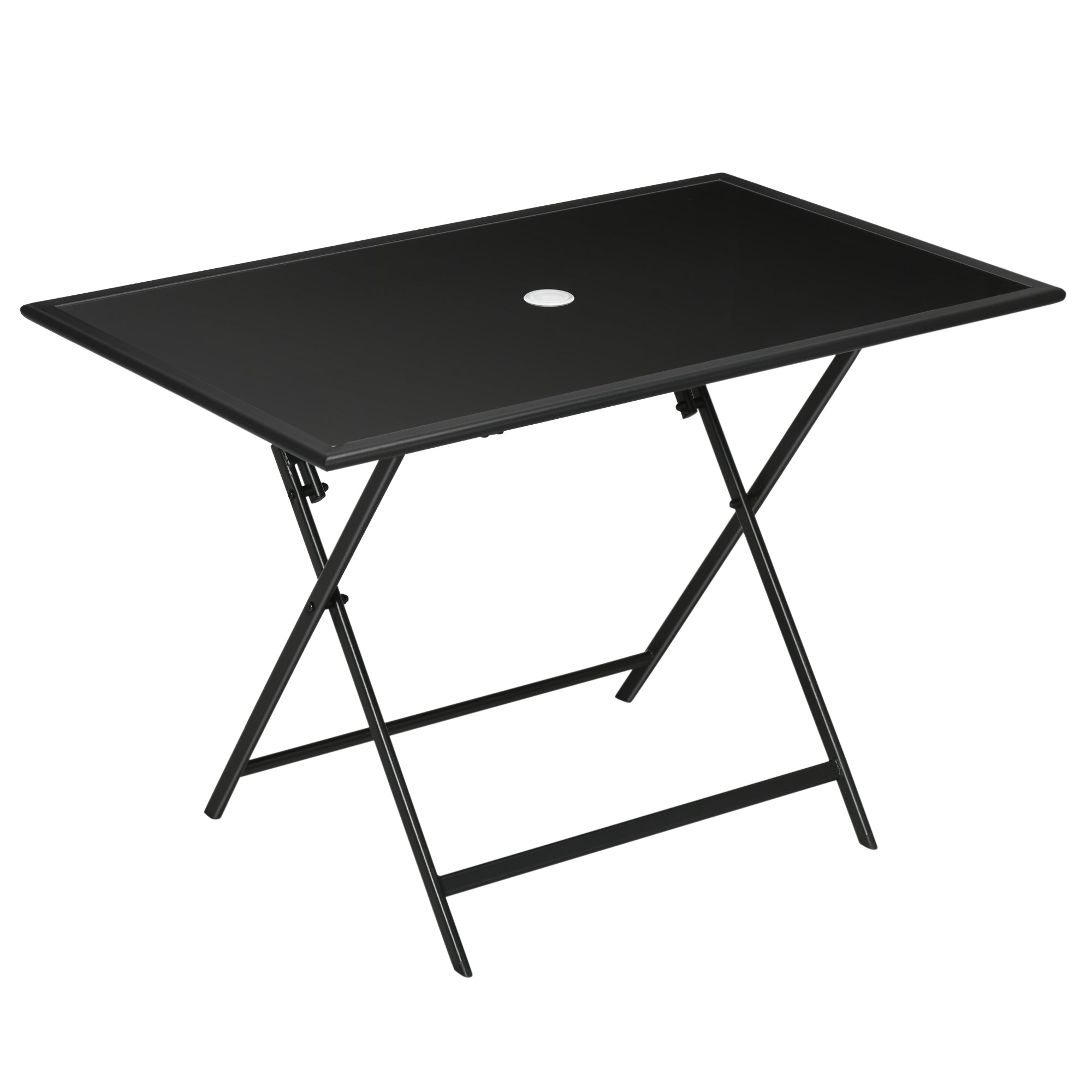 Foldable Garden Dining Table for 6 People, with Tempered Glass Top, Rectangular Outdoor Table with Umbrella Hole for Garden, Patio, Terrace, 110 x 70 x 70 cm, Black
